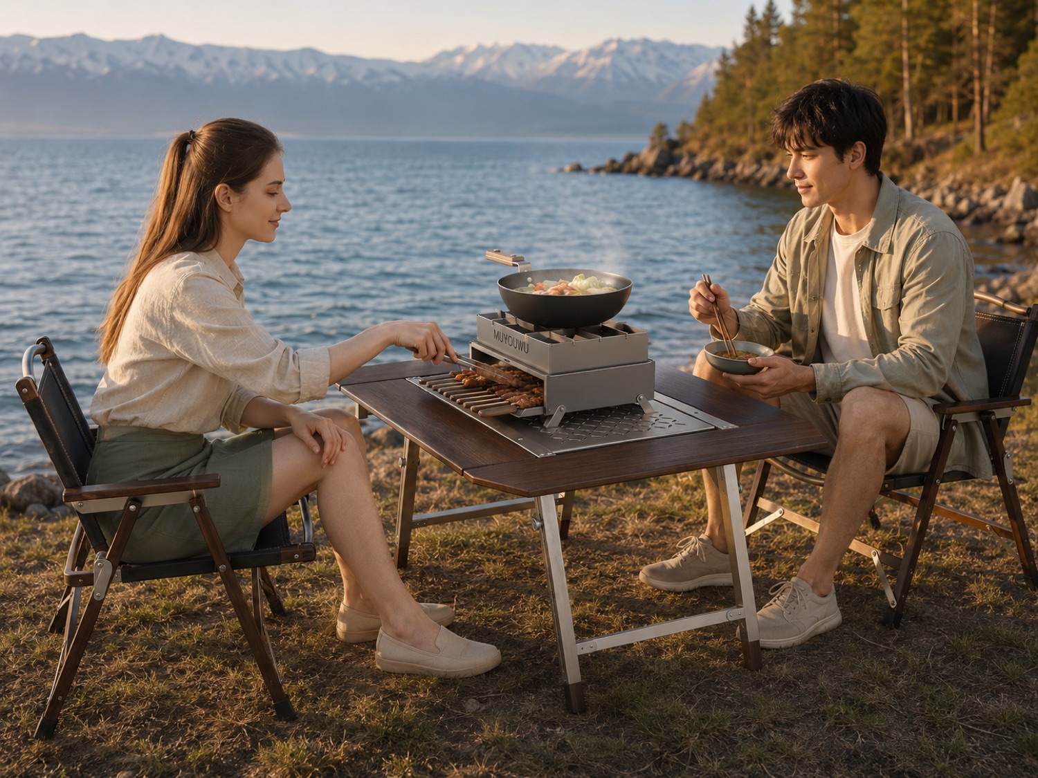 湖畔户外桌面料理场景